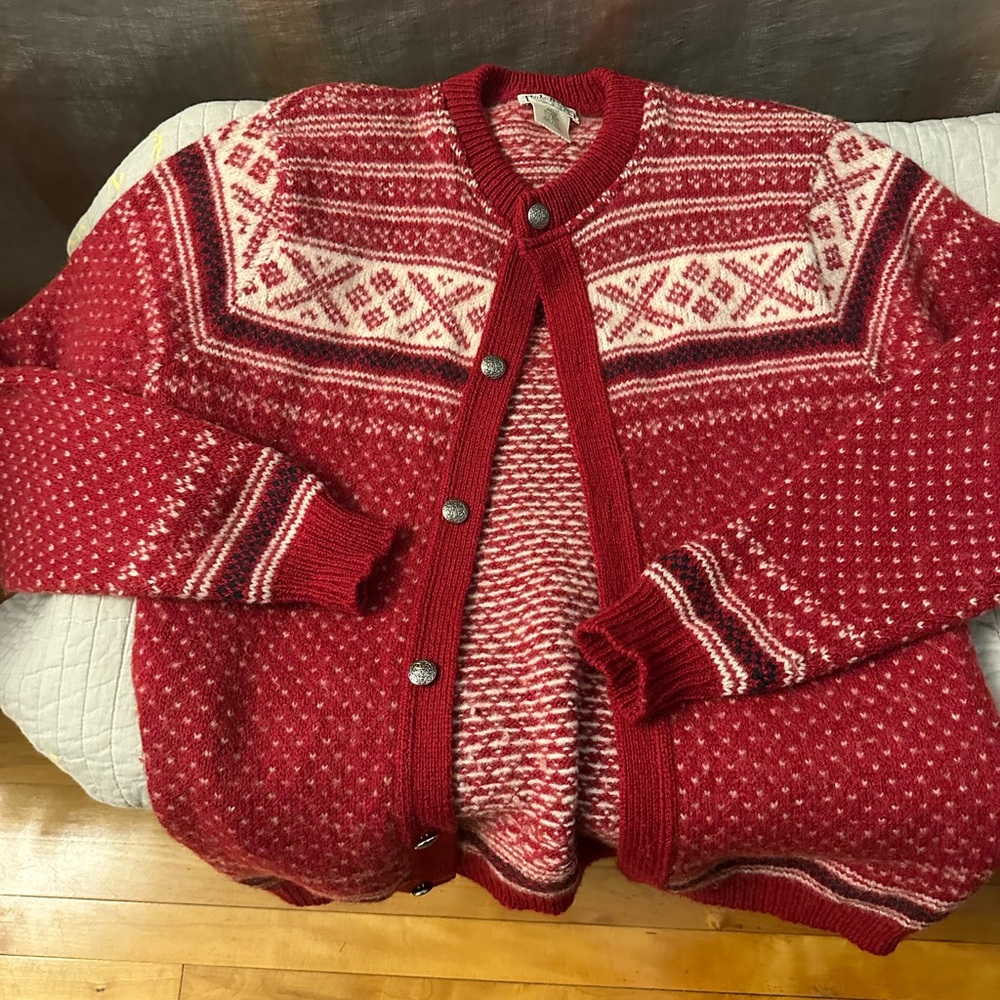 L.L. Bean Red and White Cardigan Sweater